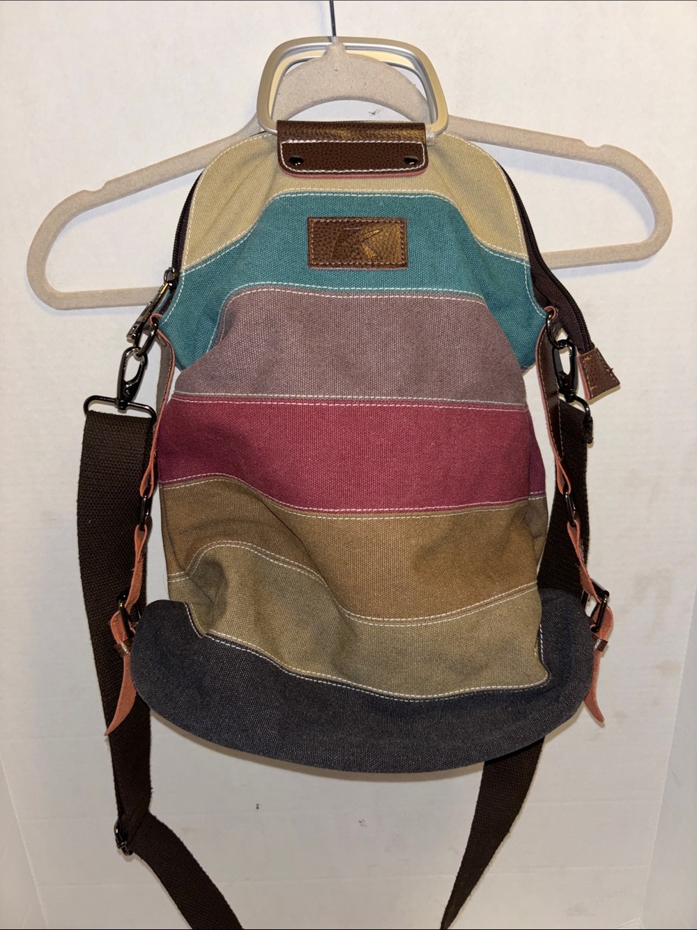 MULTICOLORED STRIPED CANVAS ADJUSTABLE BACKPACK WITH SILVER HANDLES PRELOVED - Picture 4 of 9